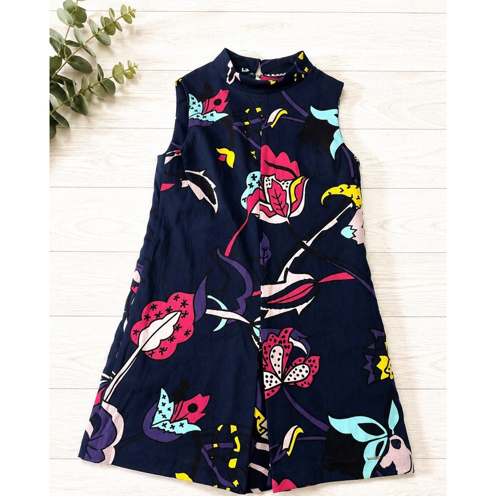 Ted Baker‎ Tamio Floral Linen Blend High mock Neck Romper Navy Blue Size 2 US 6